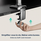 Zoom sur l'installation facile et rapide par pince en quelques secondes du bras écran PC Kineos-1 de Bureau Cosy.