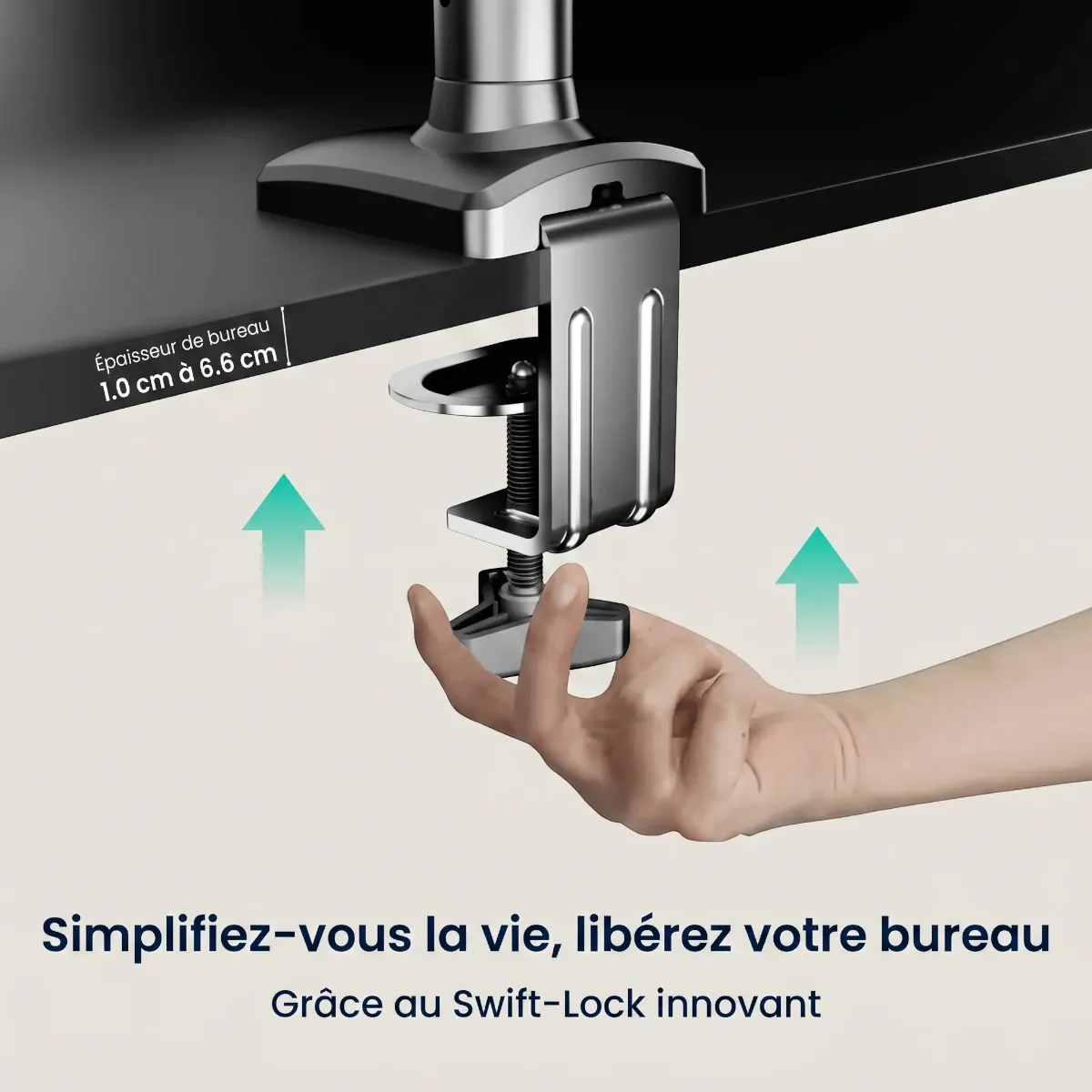Zoom sur l'installation facile et rapide par pince en quelques secondes du bras écran PC Kineos-1 de Bureau Cosy.