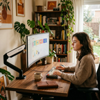 Femme travaillant confortablement à son bureau avec un écran monté sur le bras écran PC Kineos-1 de Bureau Cosy.
