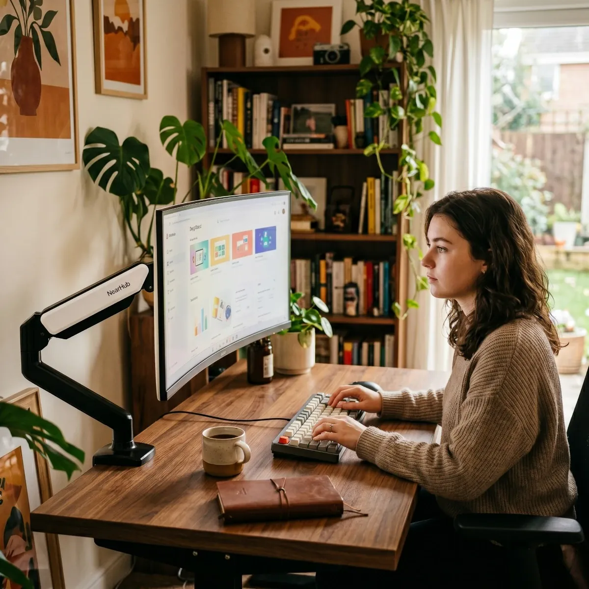 Femme travaillant confortablement à son bureau avec un écran monté sur le bras écran PC Kineos-1 de Bureau Cosy.