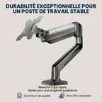 Détail de la robustesse du bras écran PC Kineos-1 de Bureau Cosy avec zoom sur le ressort à gaz épais et l'aluminium de qualité aérospatiale.
