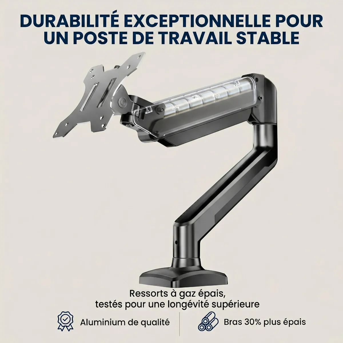 Détail de la robustesse du bras écran PC Kineos-1 de Bureau Cosy avec zoom sur le ressort à gaz épais et l'aluminium de qualité aérospatiale.