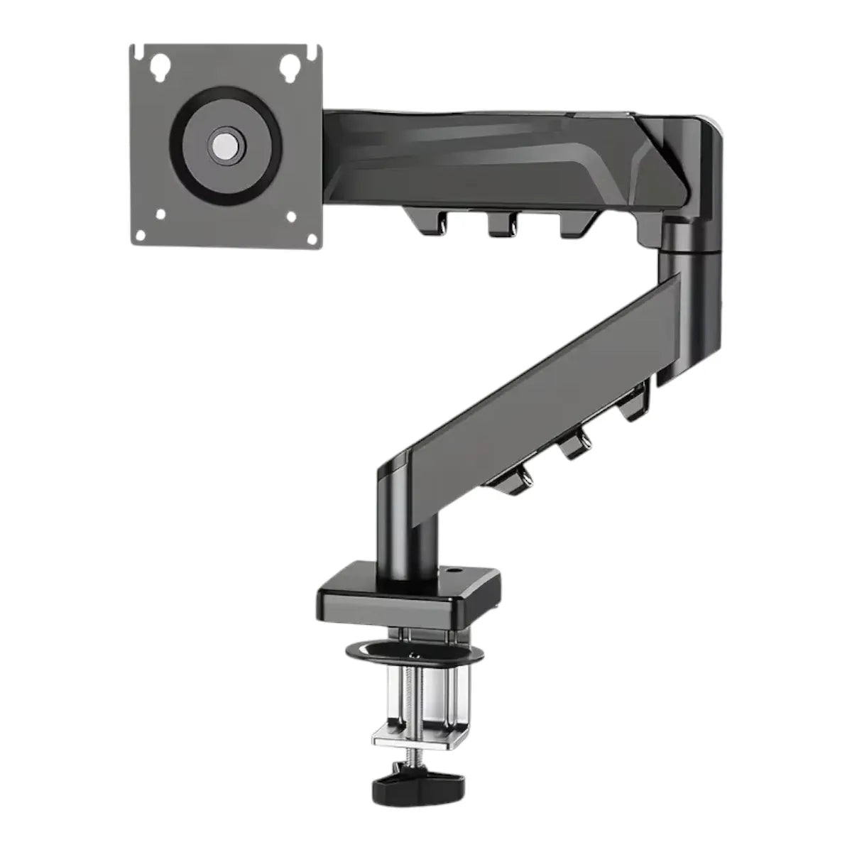 Bras écran PC ZenMotion Pro en finition fer forgé noir, support articulé robuste avec fixation bureau.