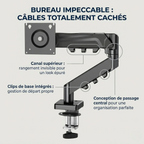 Système de gestion des câbles intégré au bras écran ZenMotion Pro pour un espace de travail totalement épuré.