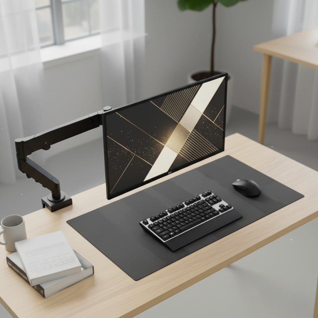 Bras articulé pour écran de bureau avec moniteur réglable en hauteur et profondeur, clavier mécanique et tapis de souris sur bureau minimaliste en bois clair