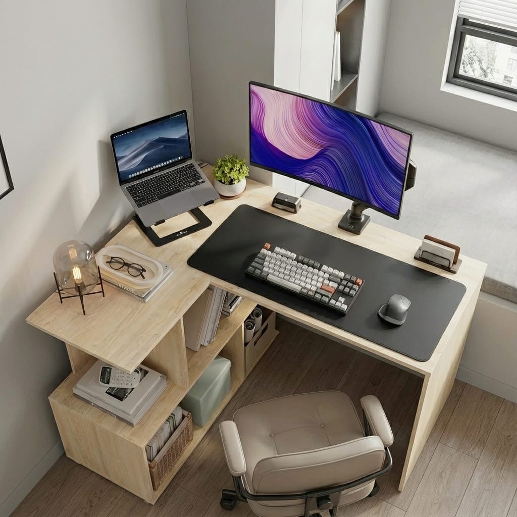 Bureau d'angle en chêne clair avec configuration double écran, lampe design et compartiments de rangement optimisés.