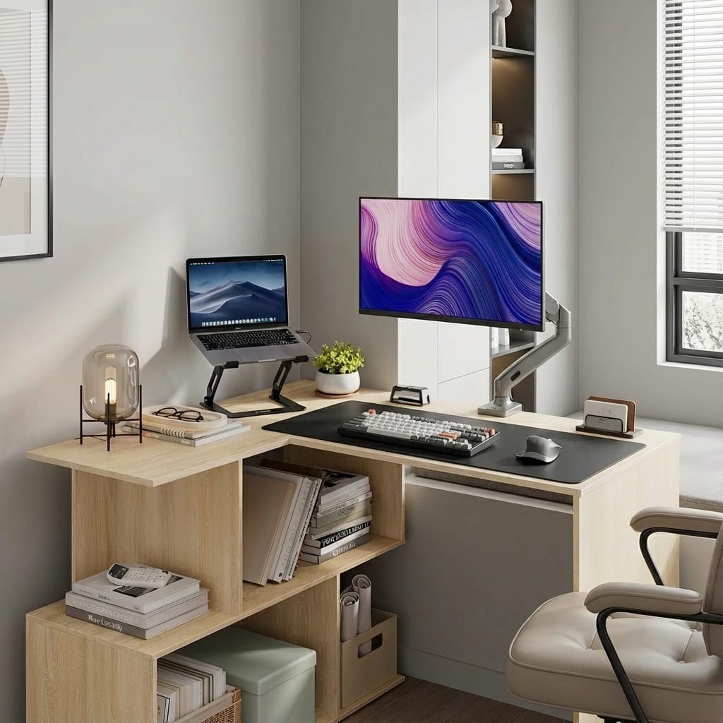 Station de travail en L avec moniteur sur bras articulé, libérant totalement la surface du plateau en bois clair.