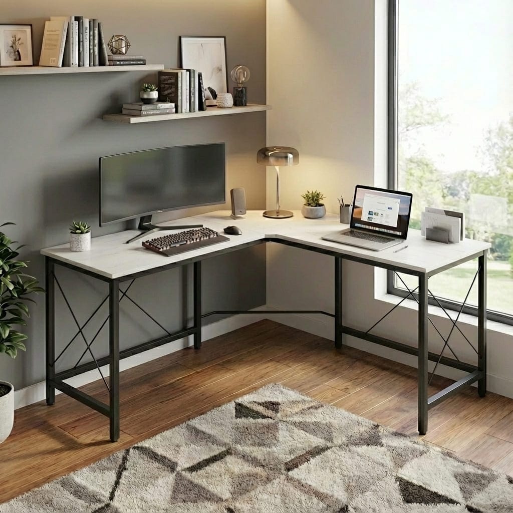 Vue frontale d'un bureau d'angle en L au style industriel moderne. On distingue clairement la structure métallique renforcée avec des croix de stabilisation et le large plateau blanc effet bois.