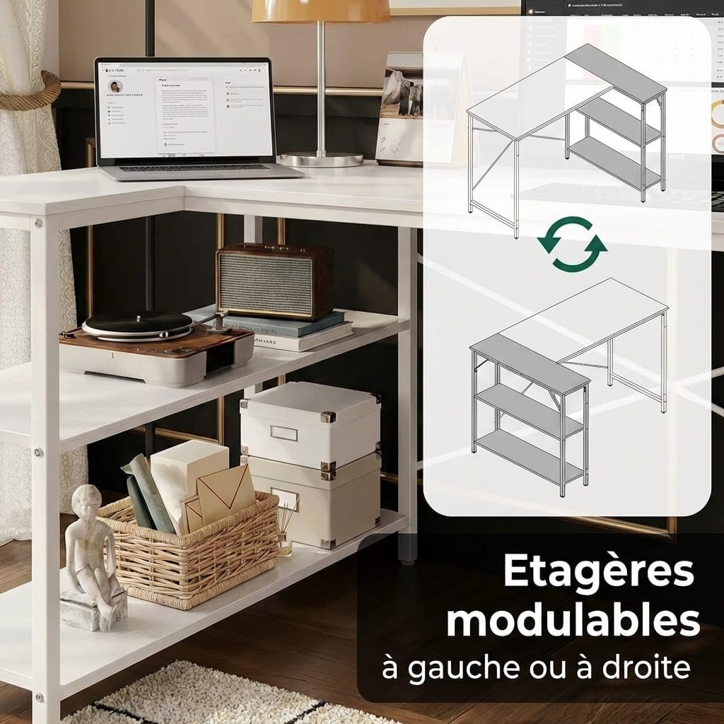 Schéma technique montrant les étagères modulables du bureau d'angle pouvant être installées à gauche ou à droite.