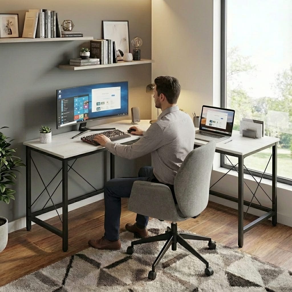 Homme installé à son poste de télétravail sur un grand bureau d'angle en L de 150x150 cm. Il utilise un écran incurvé et un ordinateur portable sur un plateau blanc effet bois avec structure noire.