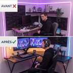 Comparaison Avant/Après montrant la transformation d'un espace de travail encombré en un setup organisé avec le bureau Apex-X