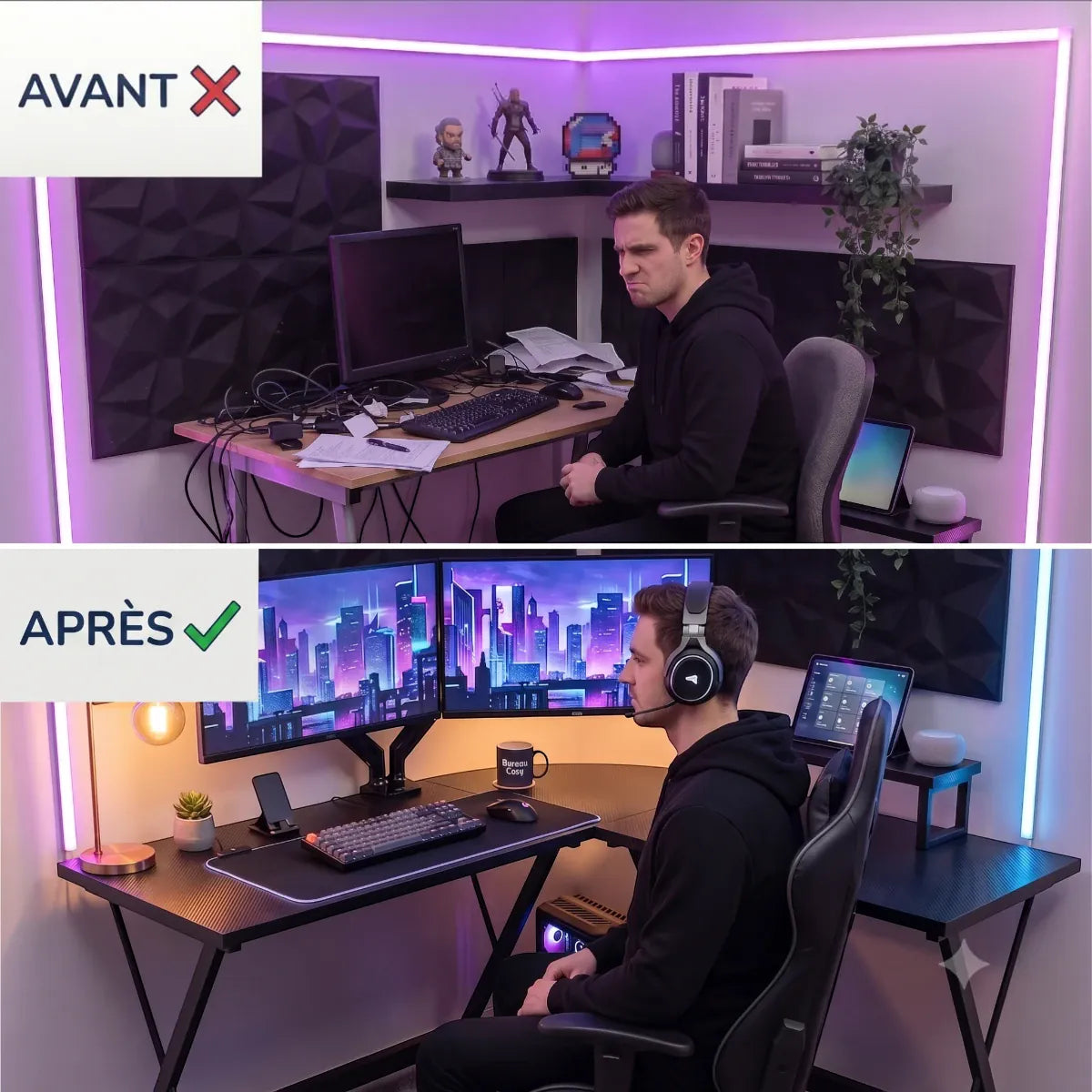 Comparaison Avant/Après montrant la transformation d'un espace de travail encombré en un setup organisé avec le bureau Apex-X