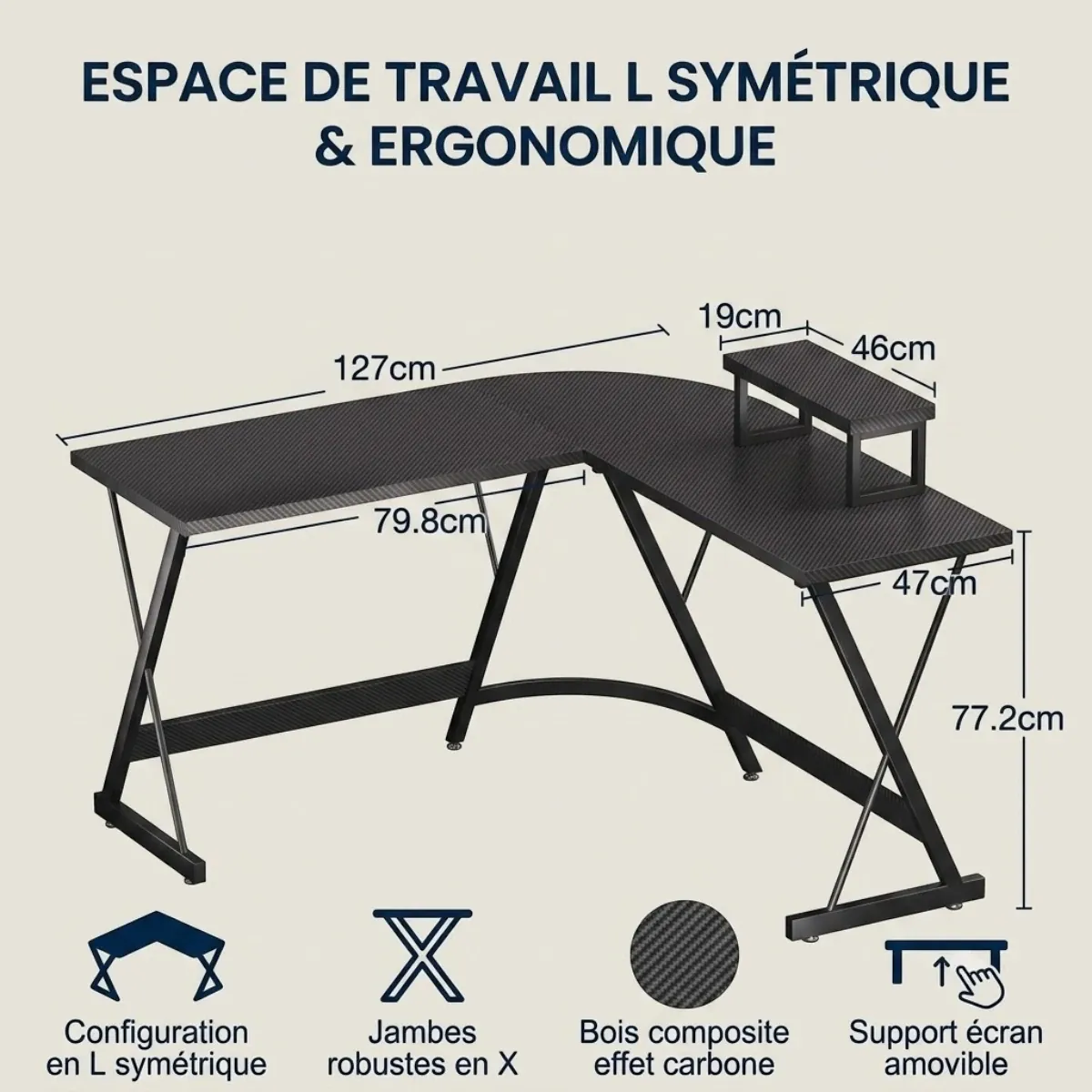 Diagramme des dimensions techniques du bureau d'angle Apex-X, 127x127x77.2 cm