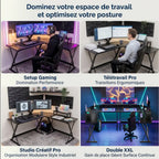 Photo composite montrant 4 scénarios d'utilisation du bureau d'angle Apex-X : Gaming, Télétravail, Studio Créatif, Double XXL