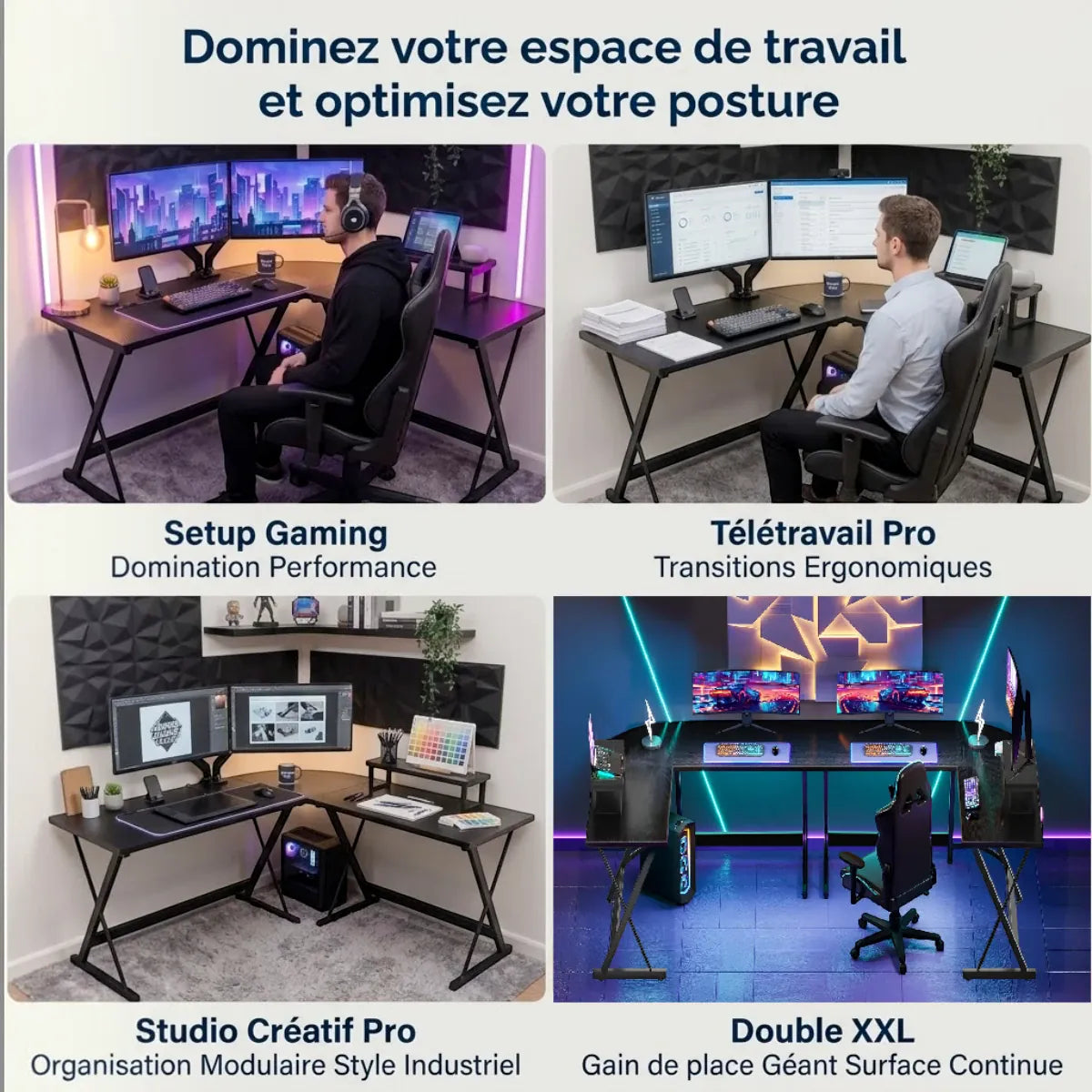 Photo composite montrant 4 scénarios d'utilisation du bureau d'angle Apex-X : Gaming, Télétravail, Studio Créatif, Double XXL
