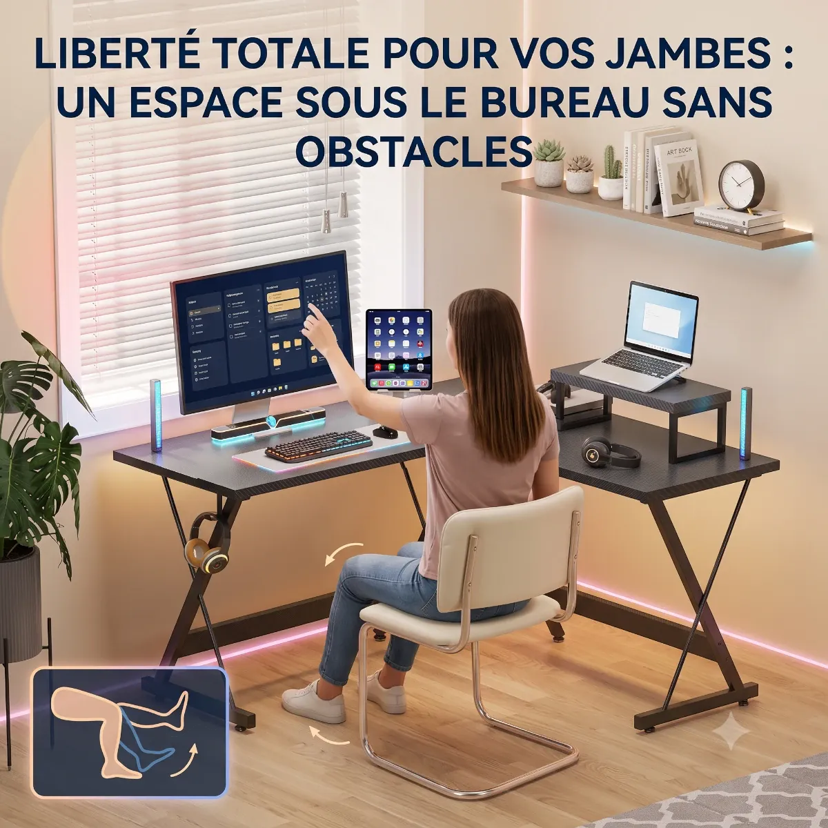 Photo lifestyle d'une femme utilisant le bureau Apex-X, mettant en avant la liberté des jambes