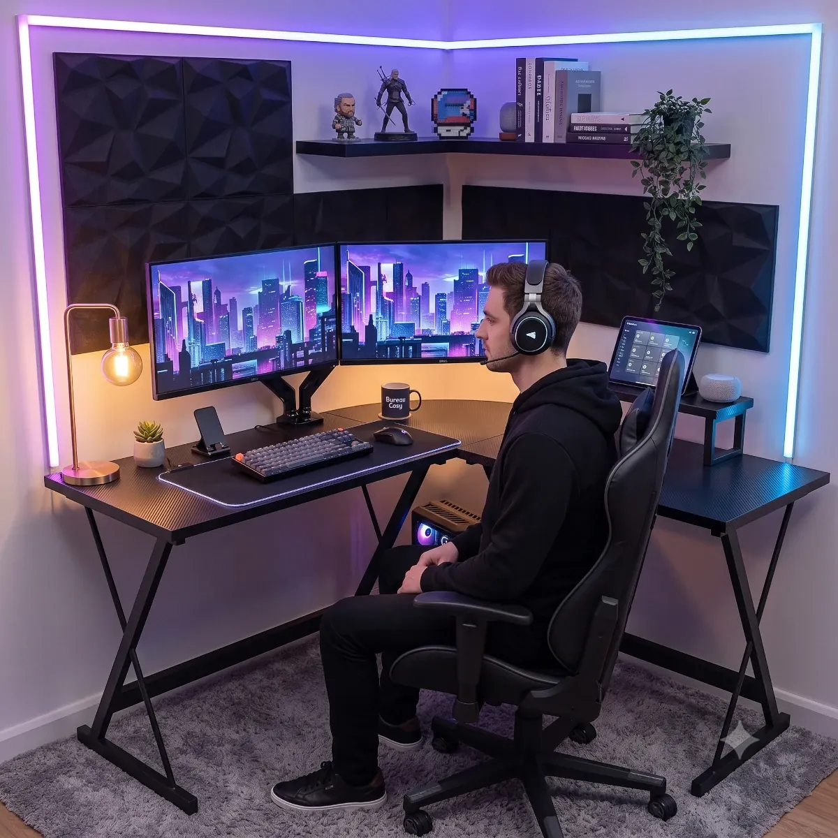Photo lifestyle d'un homme utilisant le bureau Apex-X pour un setup gaming immersif