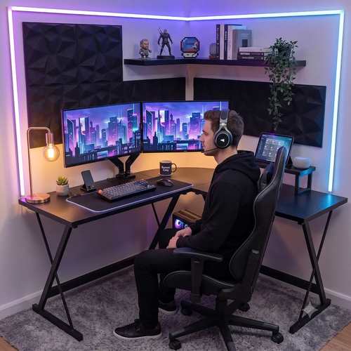 Photo lifestyle d'un homme utilisant le bureau Apex-X pour un setup gaming immersif