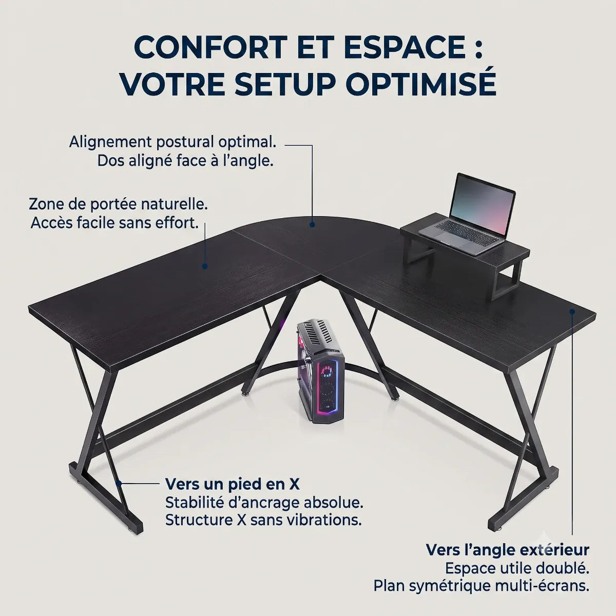 Vue du bureau d'angle Apex-X montrant un setup optimisé et des bénéfices posturaux