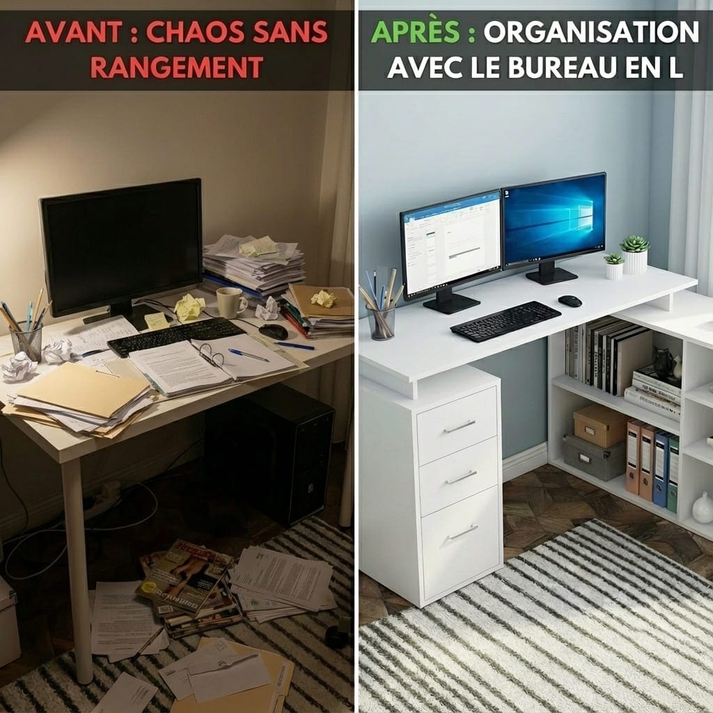 Comparaison avant-après d'un bureau d'angle blanc en L : à gauche, un bureau encombré sans rangement ; à droite, le bureau organisé avec ses 3 tiroirs, ses 5 compartiments et une configuration double écran pour le télétravail