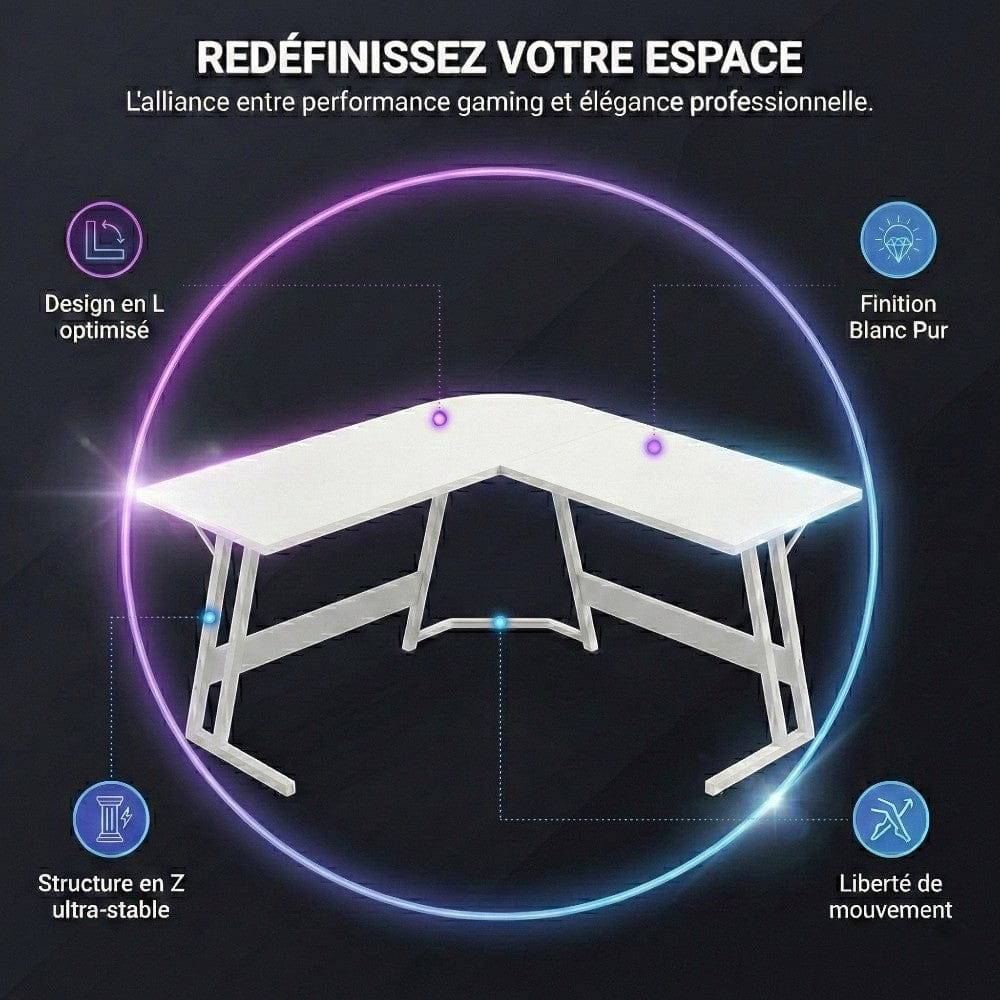 Infographie des points forts du bureau d'angle blanc KRYON 130x130 : structure en Z, finition blanc pur et design optimisé.