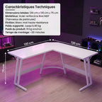 Dimensions détaillées (130x130x75 cm) du bureau d'angle blanc KRYON Horizon infini avec structure en Z.