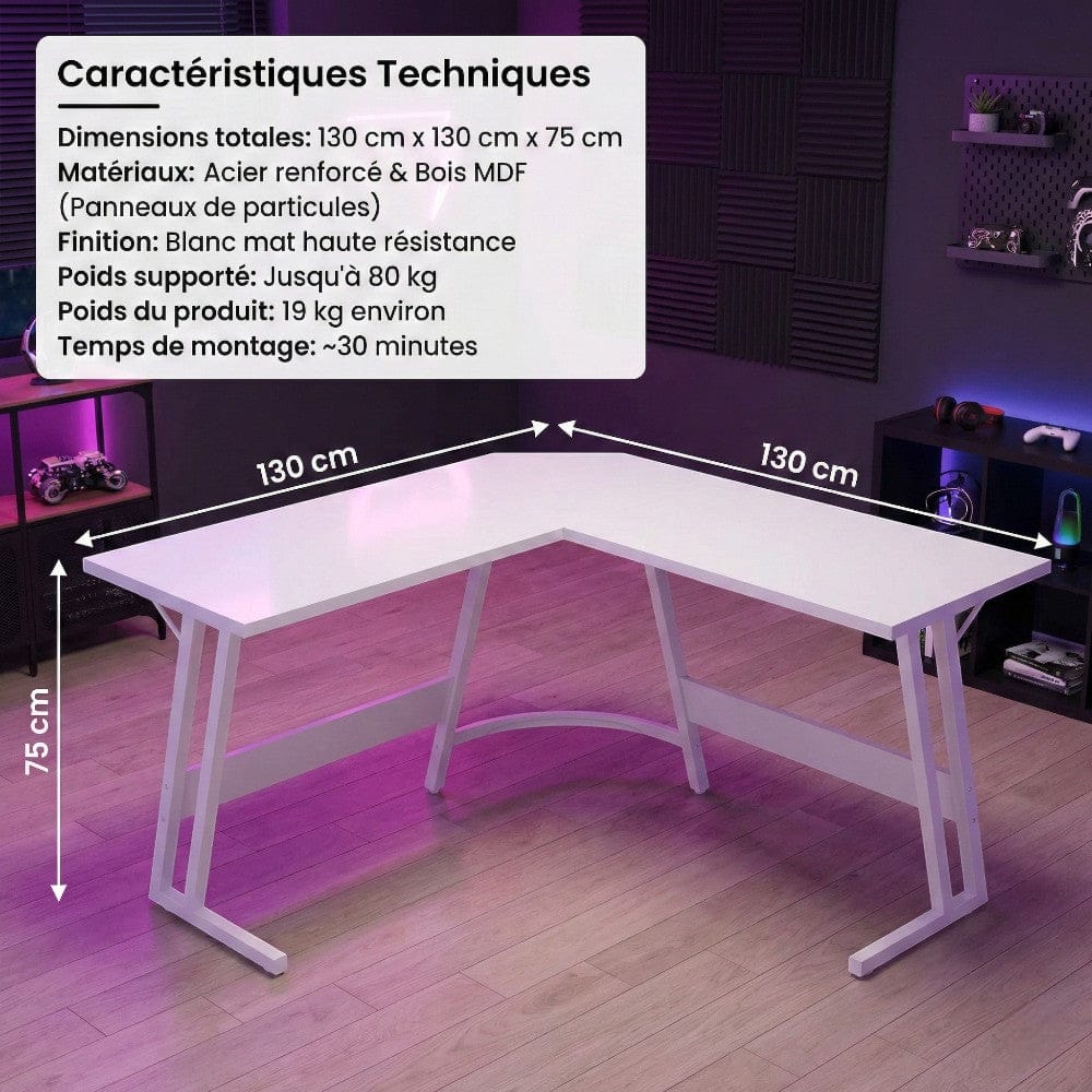 Dimensions détaillées (130x130x75 cm) du bureau d'angle blanc KRYON Horizon infini avec structure en Z.