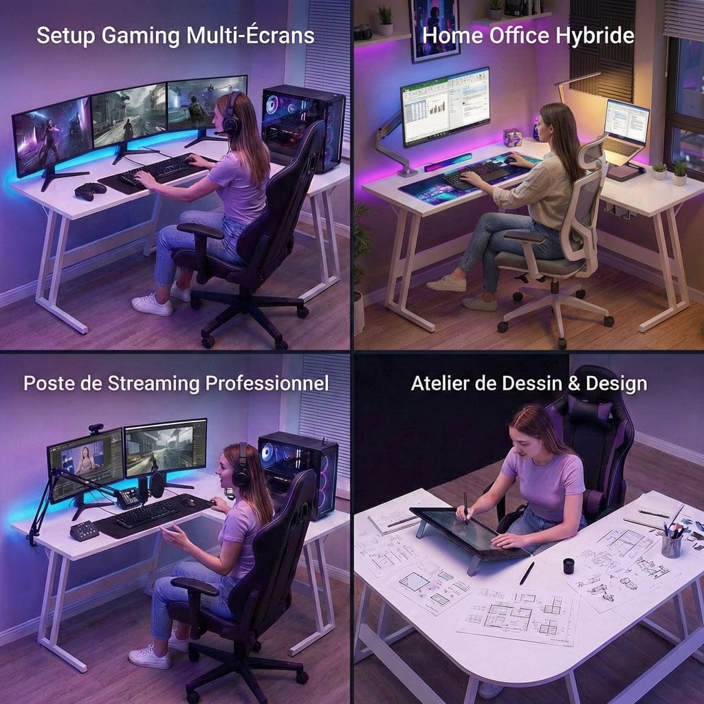 Les 4 configurations du bureau d'angle blanc KRYON : setup gaming multi-écrans, home office, streaming et atelier de dessin.
