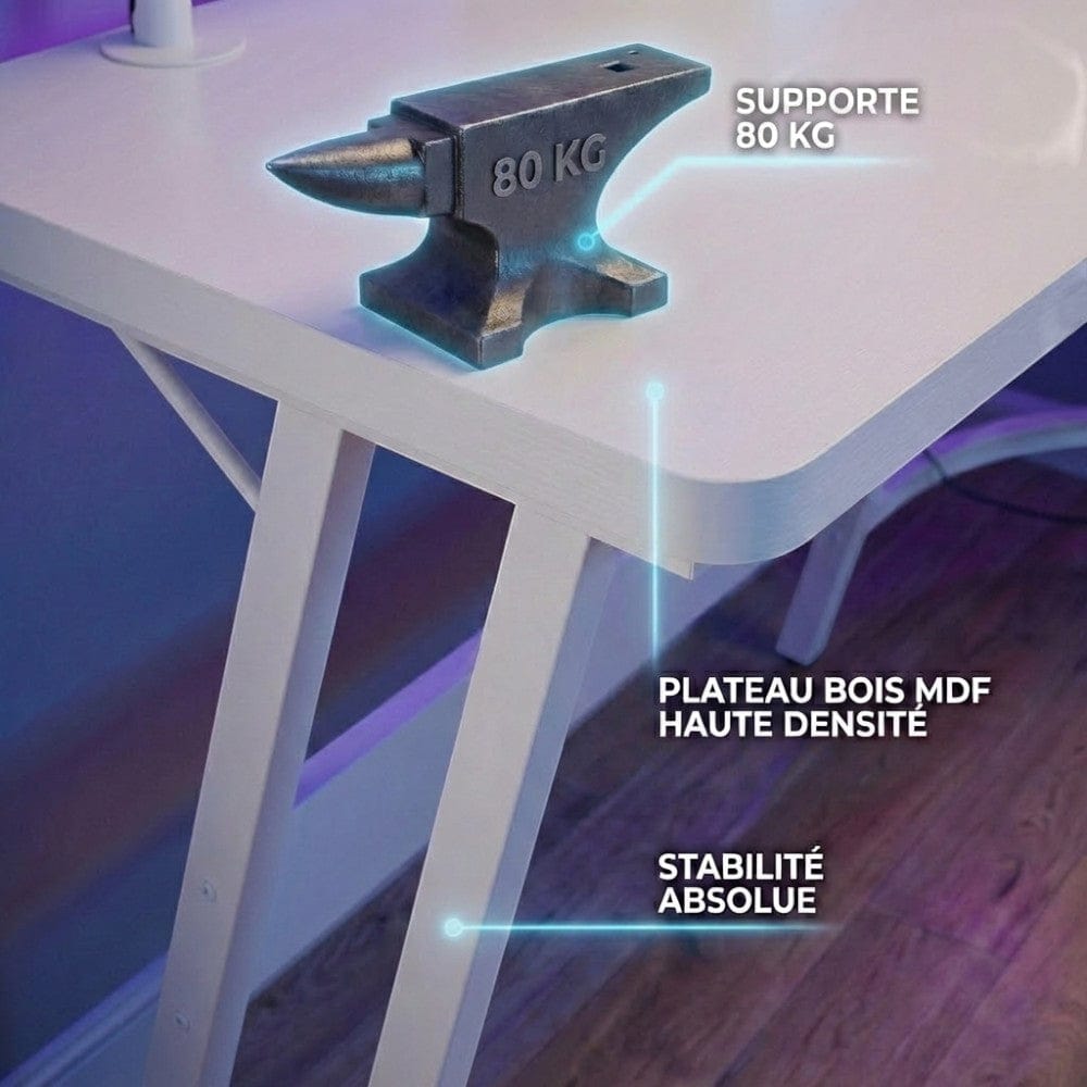 Plateau en bois MDF haute densité du bureau d'angle blanc KRYON supportant une charge maximale de 80 kg.