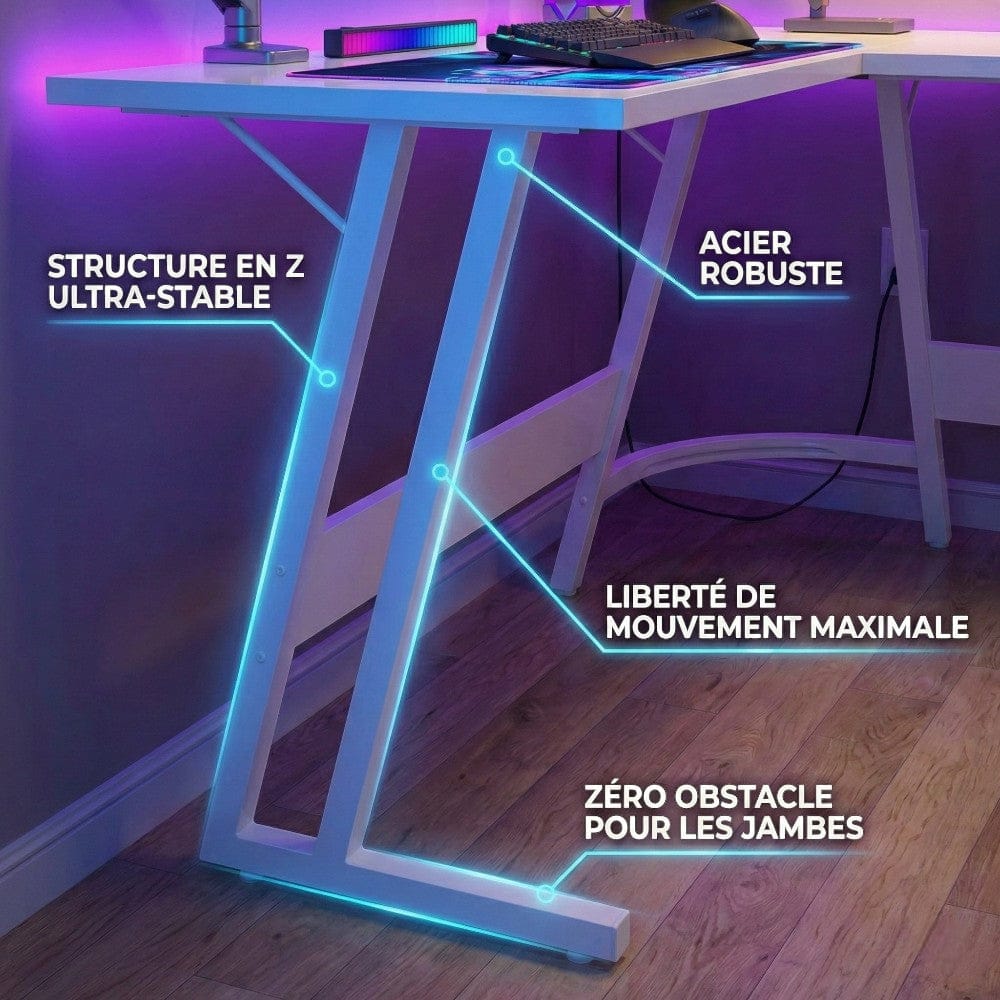 Zoom sur la structure en Z ultra-stable en acier robuste du bureau d'angle blanc KRYON 130x130 offrant une liberté de mouvement maximale.