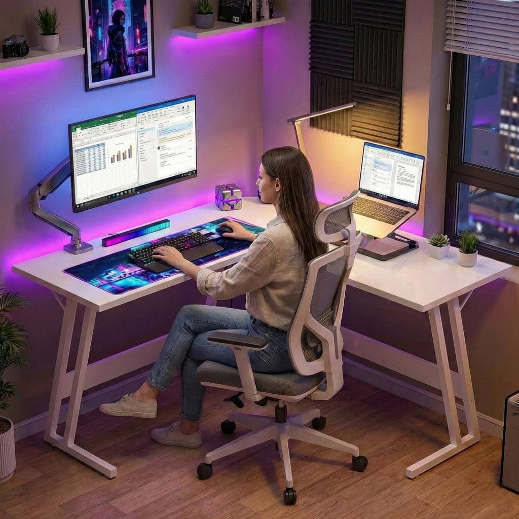 Femme travaillant sur le bureau d'angle blanc KRYON 130x130 Horizon infini dans un setup home office moderne et lumineux.