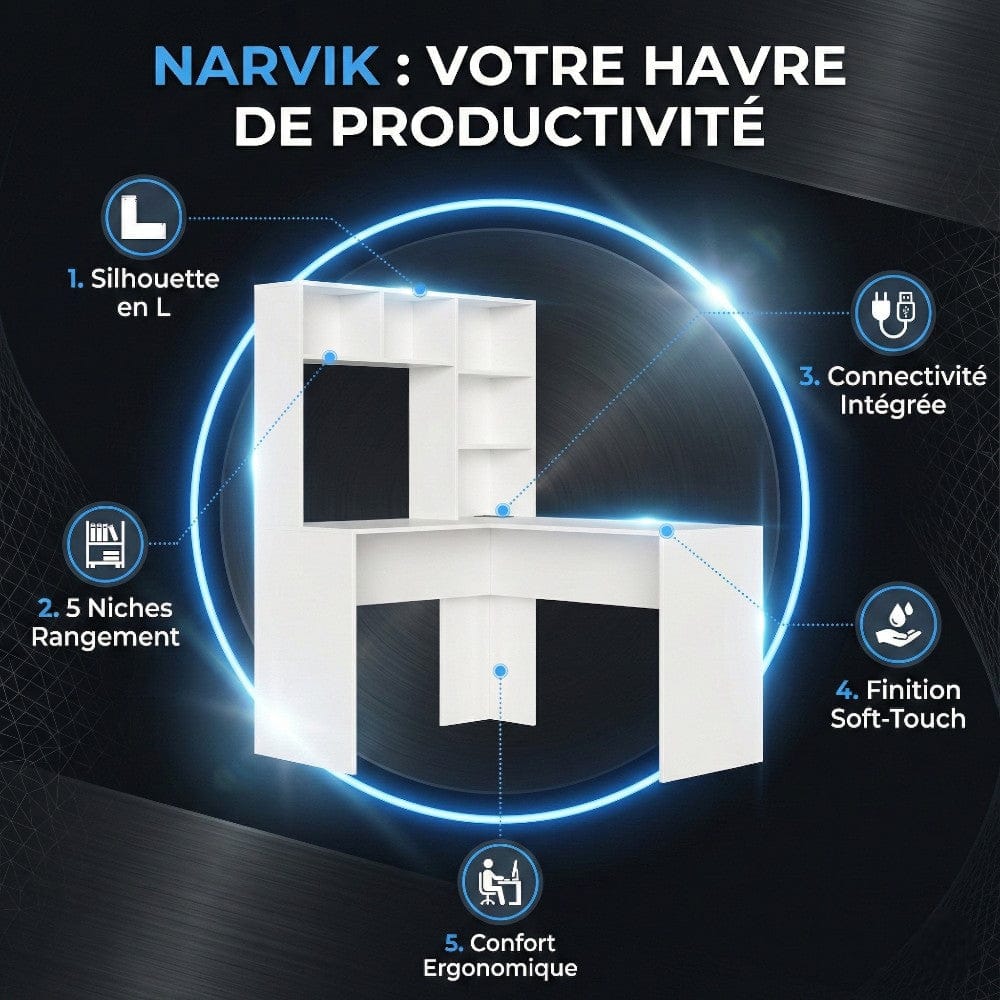 Infographie des 5 points forts du bureau d'angle blanc NARVIK : silhouette en L, 5 niches de rangement, connectivité, finition soft-touch et ergonomie.