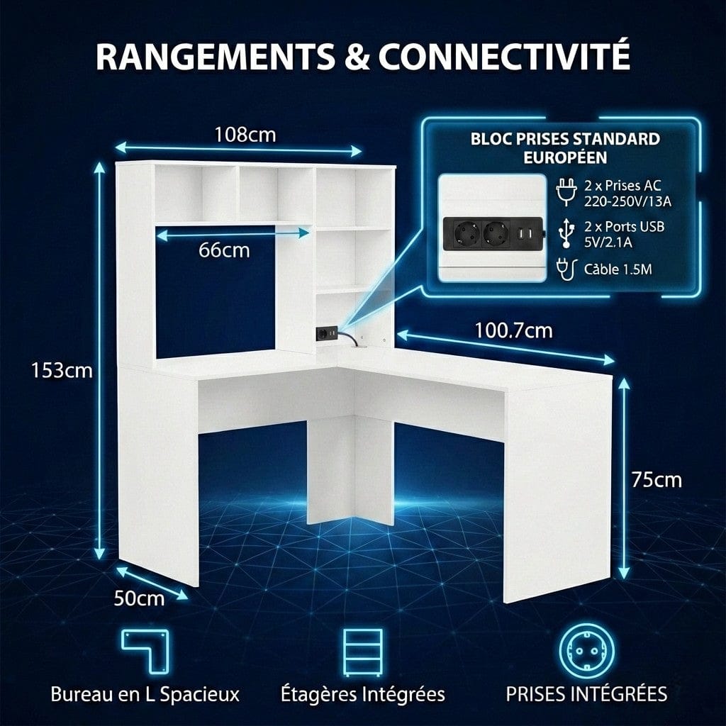 Schéma technique du bureau d'angle blanc NARVIK montrant les dimensions 108x153x75cm et le bloc de prises AC et ports USB intégrés.