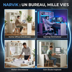 Bureau d'angle blanc NARVIK 108x125x153 utilisé en mode home office scandinave, gaming minimaliste, atelier d'architecte et coin étude.