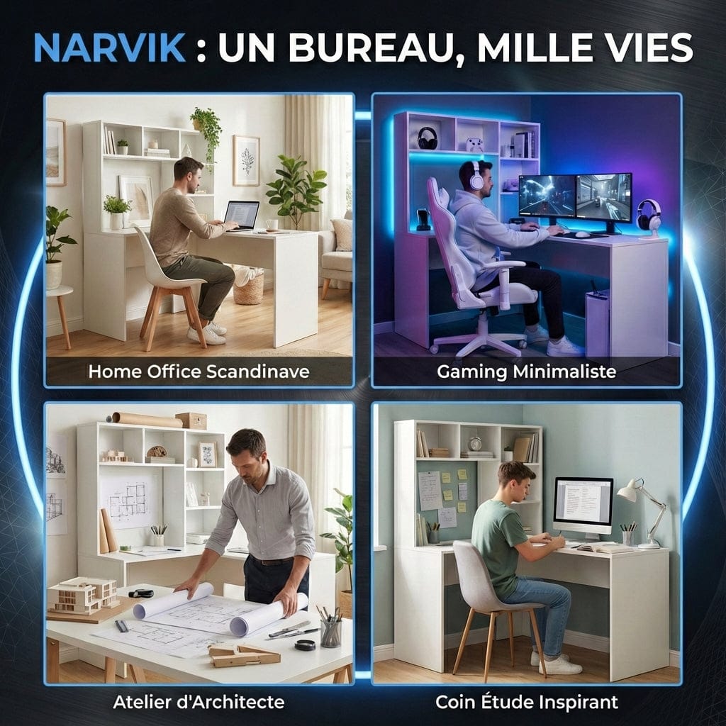 Bureau d'angle blanc NARVIK 108x125x153 utilisé en mode home office scandinave, gaming minimaliste, atelier d'architecte et coin étude.