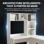 Détail des étagères et niches de rangement du bureau d'angle blanc NARVIK pour une organisation fluide et une surface de travail libérée.