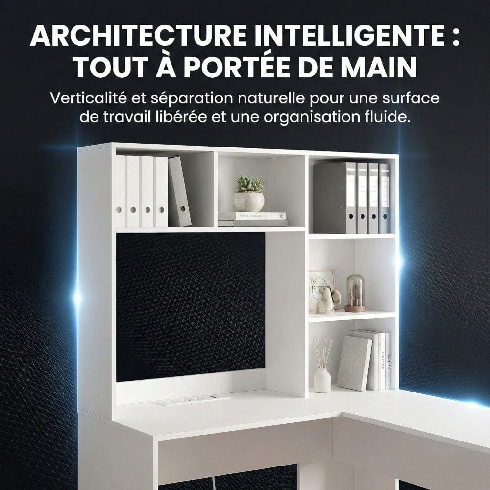 Détail des étagères et niches de rangement du bureau d'angle blanc NARVIK pour une organisation fluide et une surface de travail libérée.