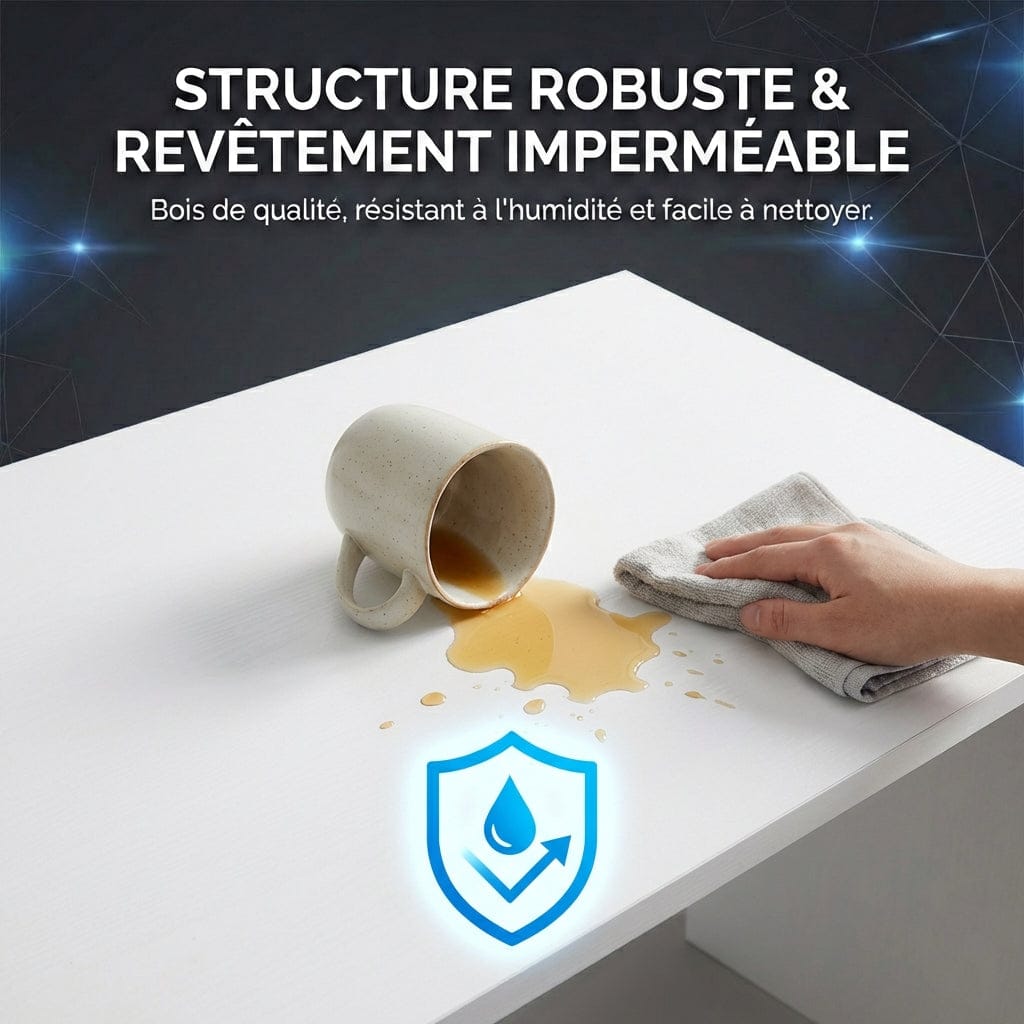 Gros plan sur le revêtement imperméable du bureau d'angle blanc NARVIK résistant à l'humidité et facile à nettoyer d'un coup de chiffon.