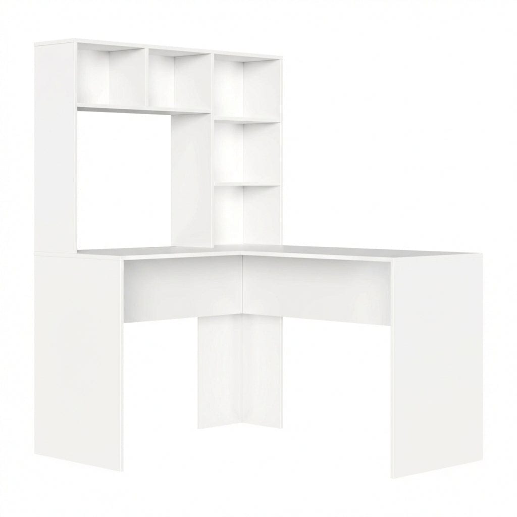 Vue de face sur fond blanc du bureau d'angle blanc NARVIK 108x125x153 avec ses rangements intégrés et son design épuré.