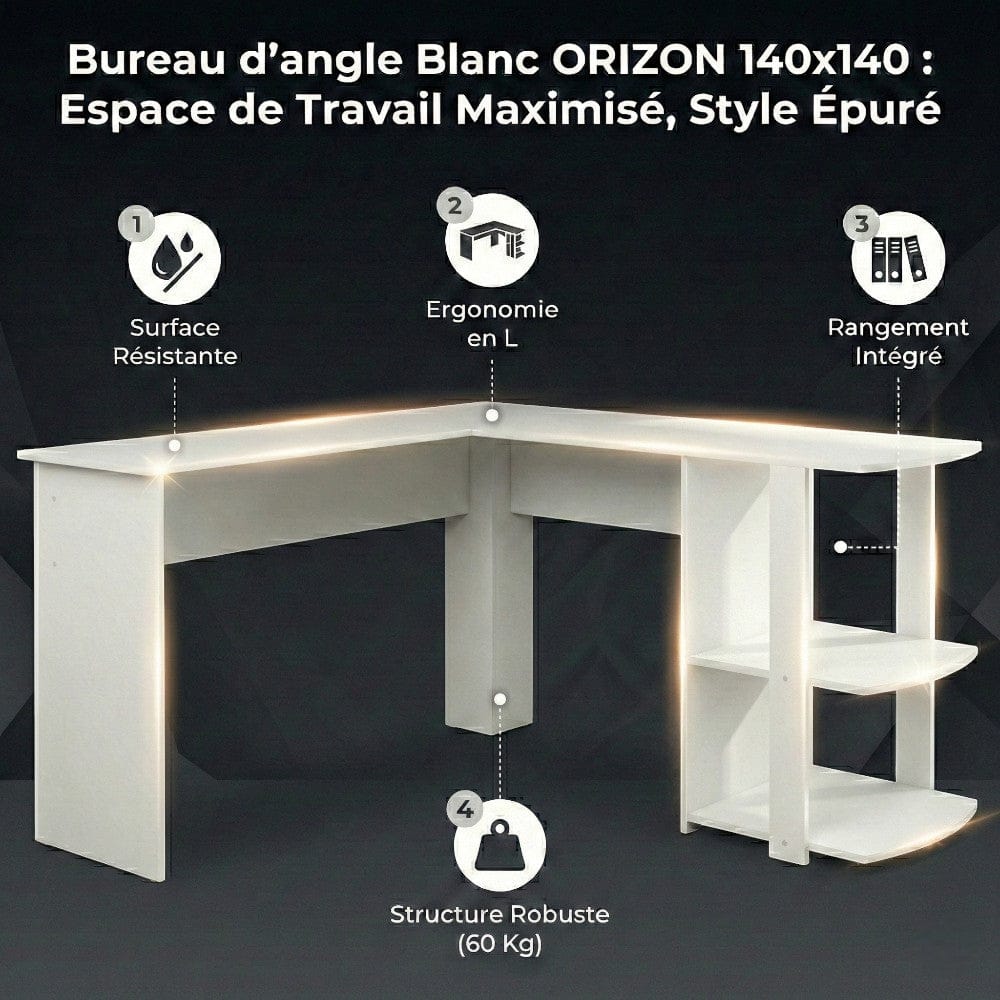 Infographie présentant les 4 points forts du Bureau d'angle Blanc ORIZON : surface, ergonomie, rangement, robustesse.