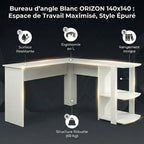 Infographie présentant les 4 points forts du Bureau d'angle Blanc ORIZON : surface, ergonomie, rangement, robustesse.