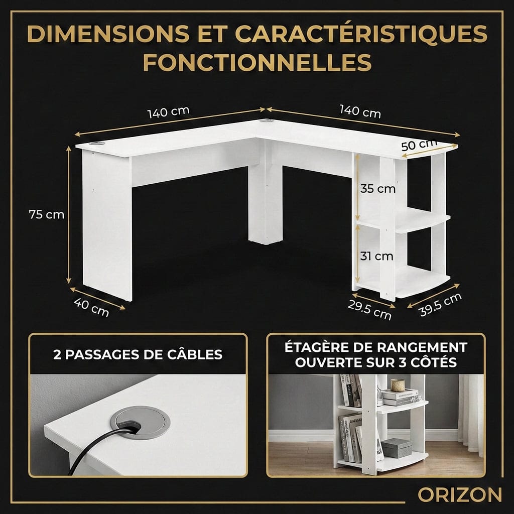 Schéma technique des dimensions 140x140 cm et des étagères de rangement du Bureau d'angle Blanc ORIZON.