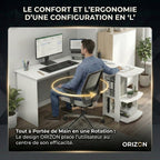 Homme sur chaise de bureau pivotante montrant l'ergonomie en L du Bureau d'angle Blanc ORIZON 140x140.