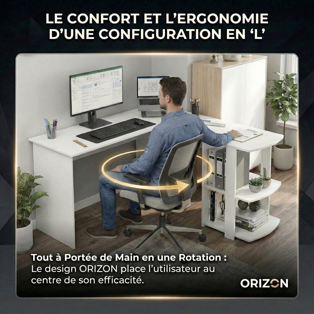 Homme sur chaise de bureau pivotante montrant l'ergonomie en L du Bureau d'angle Blanc ORIZON 140x140.