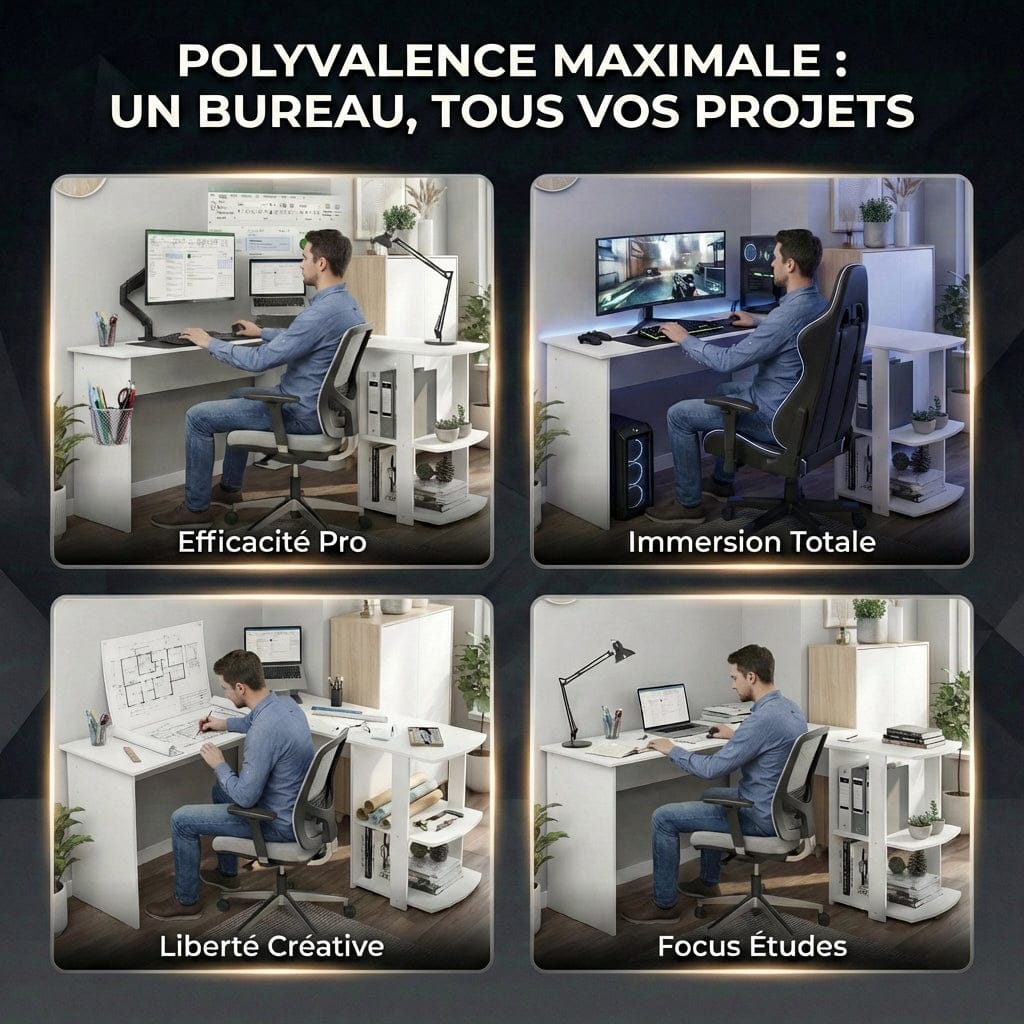 Mise en situation du Bureau d'angle Blanc ORIZON pour le gaming, le travail, le dessin et les études.