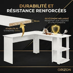 Détail de la surface mélaminée et de l'épaisseur de 15mm du Bureau d'angle Blanc ORIZON résistant aux rayures.