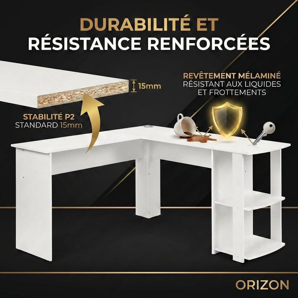 Détail de la surface mélaminée et de l'épaisseur de 15mm du Bureau d'angle Blanc ORIZON résistant aux rayures.