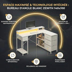 Infographie des fonctionnalités du bureau d'angle blanc ZENITH 140x100 avec LED, chargeur intégré et design réversible.