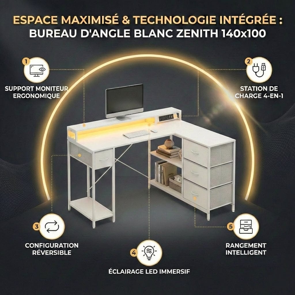 Infographie des fonctionnalités du bureau d'angle blanc ZENITH 140x100 avec LED, chargeur intégré et design réversible.