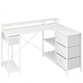 Vue d'ensemble du bureau d'angle blanc ZENITH 140x100 avec rehausse écran et station de charge intégrée.
